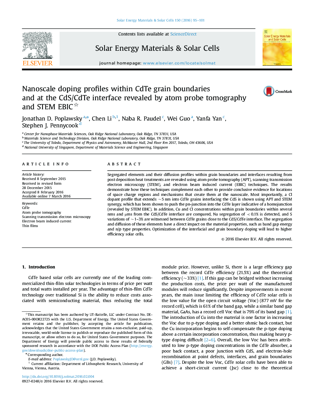 Nanoscale doping profiles within CdTe grain boundaries and at the CdS/CdTe interface revealed by atom probe tomography and STEM EBIC 