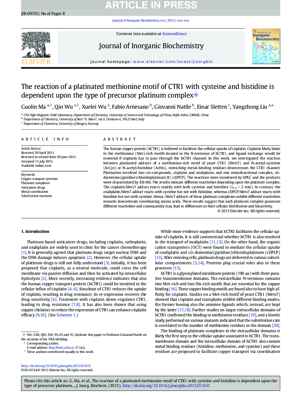 The reaction of a platinated methionine motif of CTR1 with cysteine and histidine is dependent upon the type of precursor platinum complex