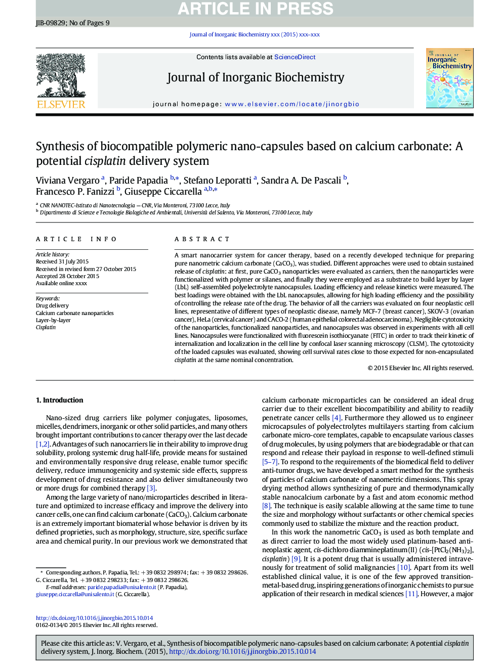 Synthesis of biocompatible polymeric nano-capsules based on calcium carbonate: A potential cisplatin delivery system