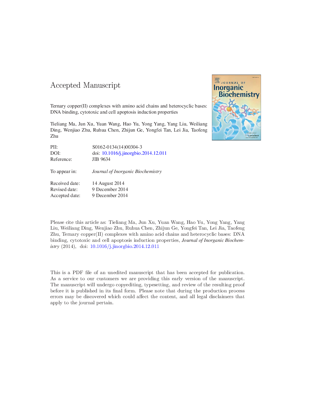 Ternary copper(II) complexes with amino acid chains and heterocyclic bases: DNA binding, cytotoxic and cell apoptosis induction properties