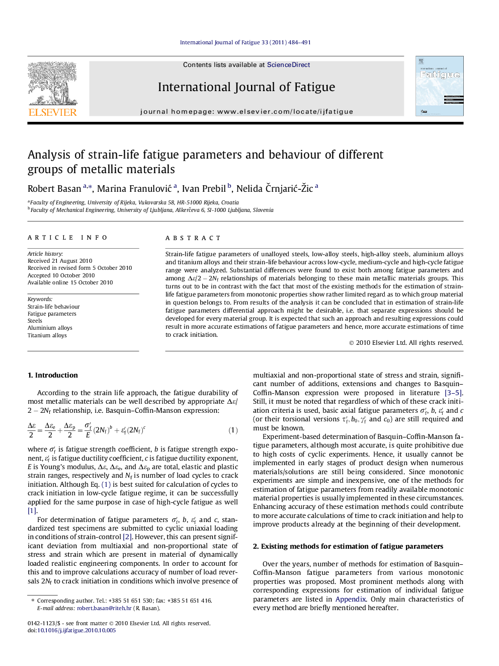 Analysis of strain-life fatigue parameters and behaviour of different groups of metallic materials