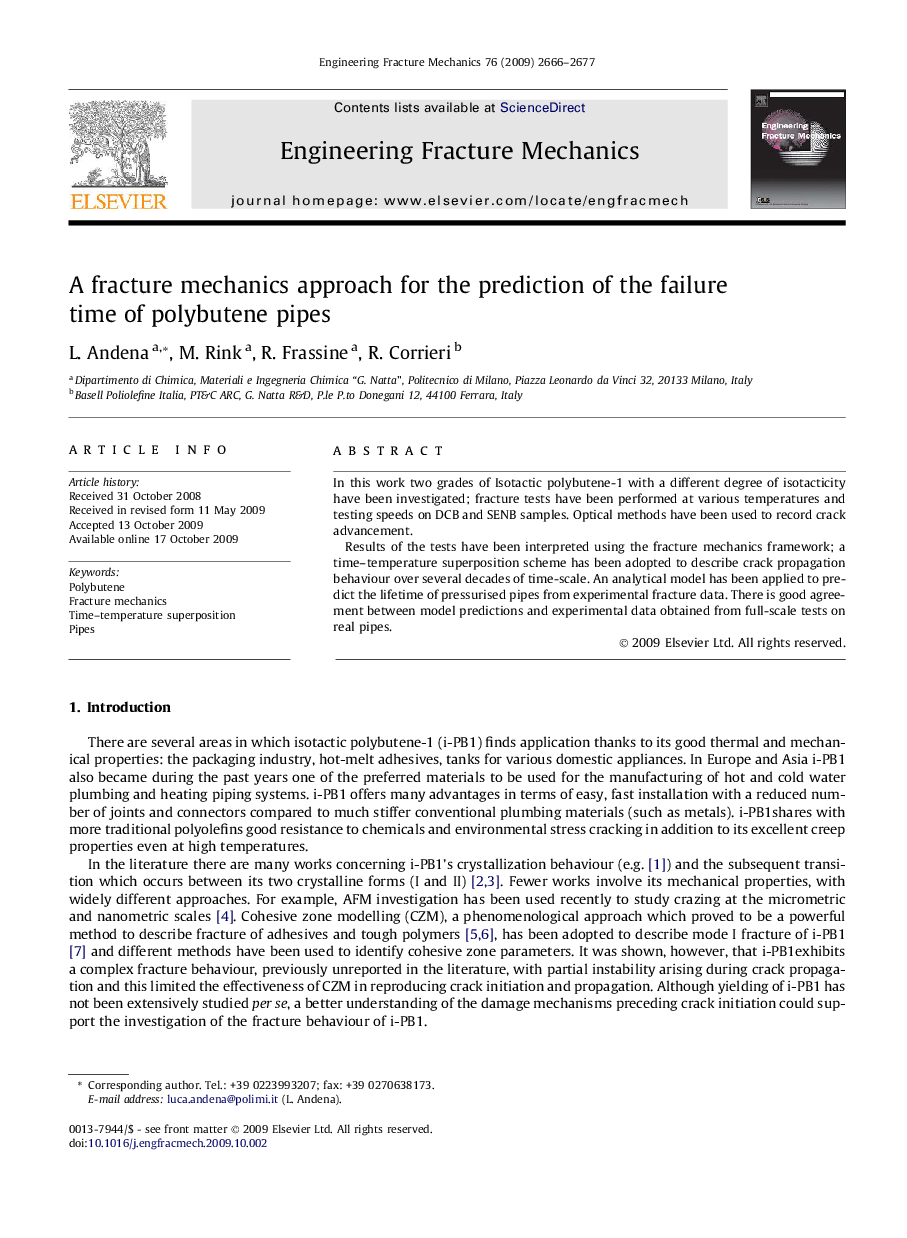 A fracture mechanics approach for the prediction of the failure time of polybutene pipes