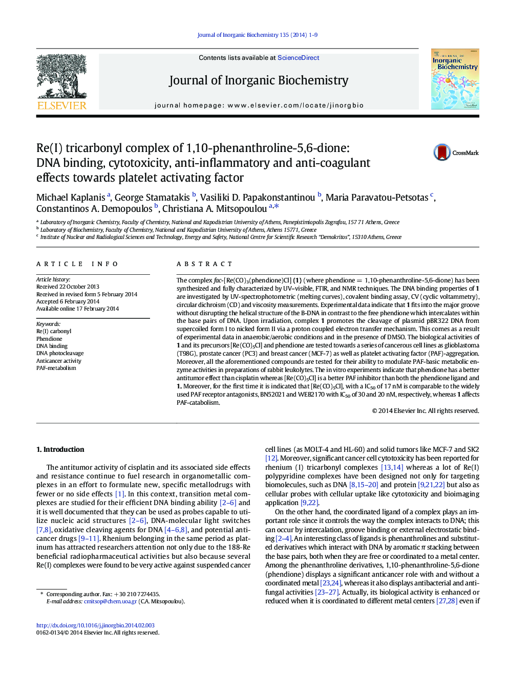 Re(I) tricarbonyl complex of 1,10-phenanthroline-5,6-dione: DNA binding, cytotoxicity, anti-inflammatory and anti-coagulant effects towards platelet activating factor