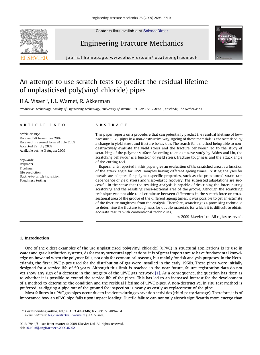 An attempt to use scratch tests to predict the residual lifetime of unplasticised poly(vinyl chloride) pipes