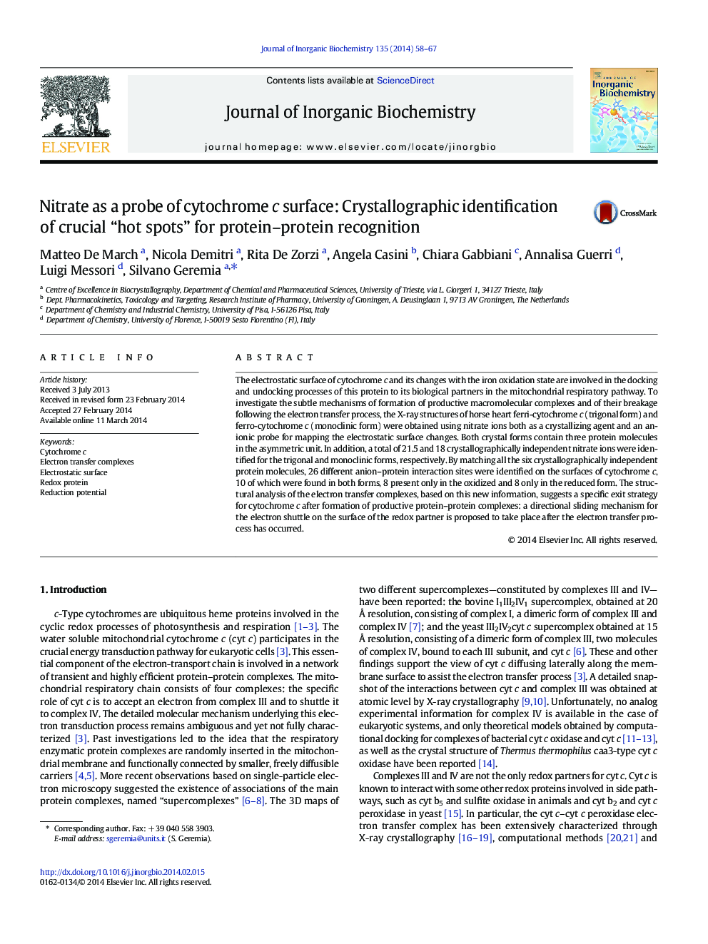 Nitrate as a probe of cytochrome c surface: Crystallographic identification of crucial “hot spots” for protein-protein recognition