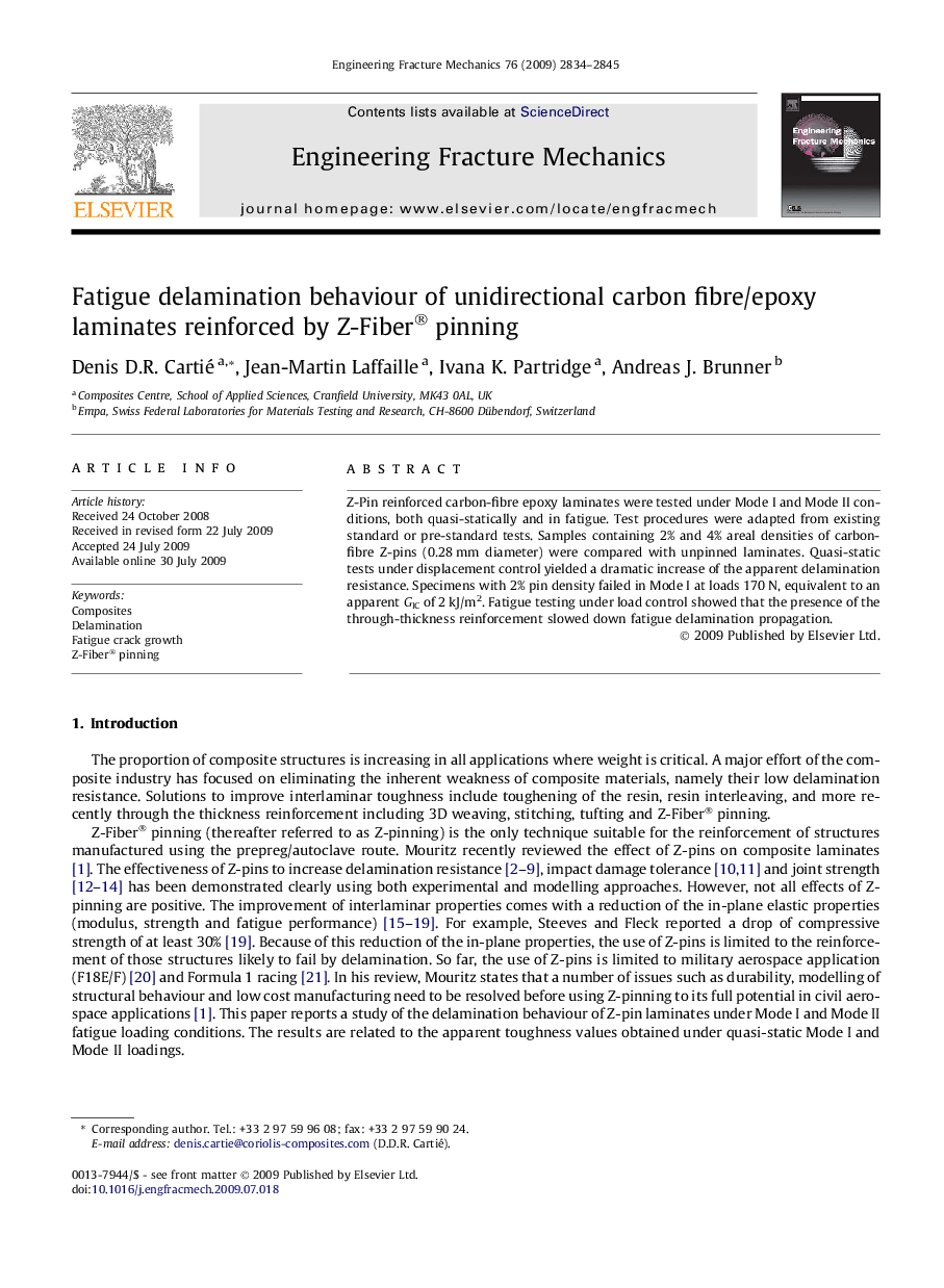 Fatigue delamination behaviour of unidirectional carbon fibre/epoxy laminates reinforced by Z-Fiber® pinning