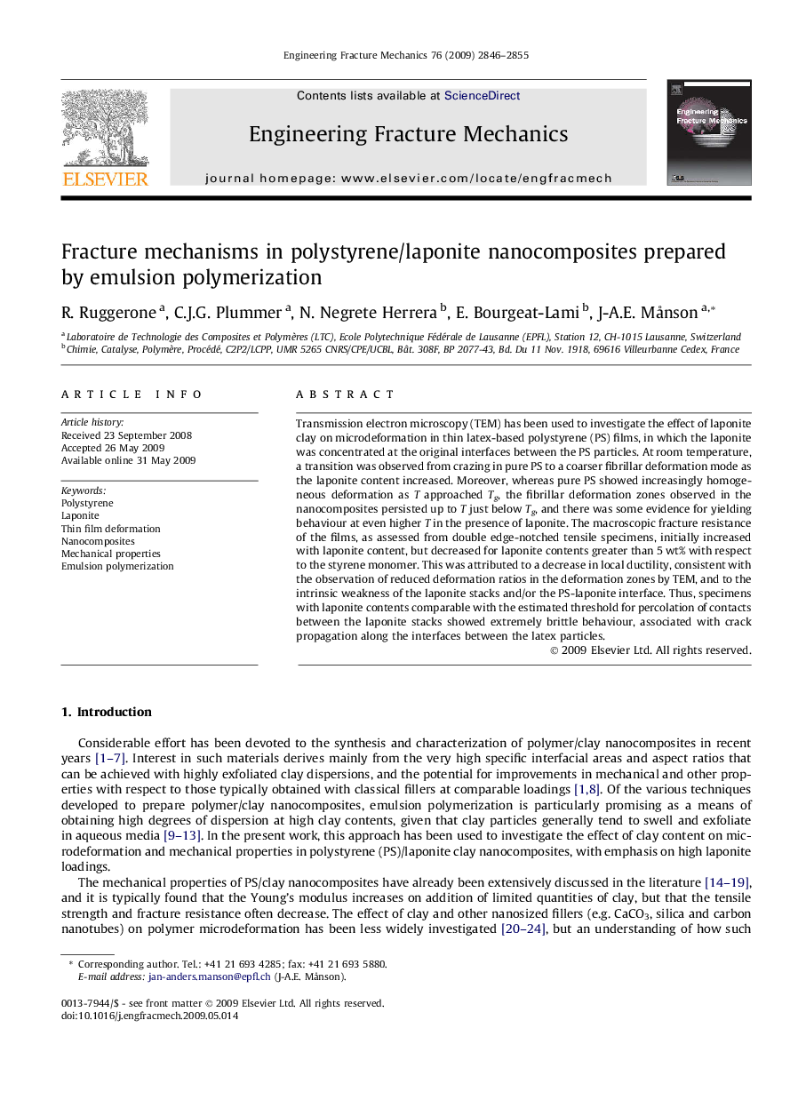 Fracture mechanisms in polystyrene/laponite nanocomposites prepared by emulsion polymerization