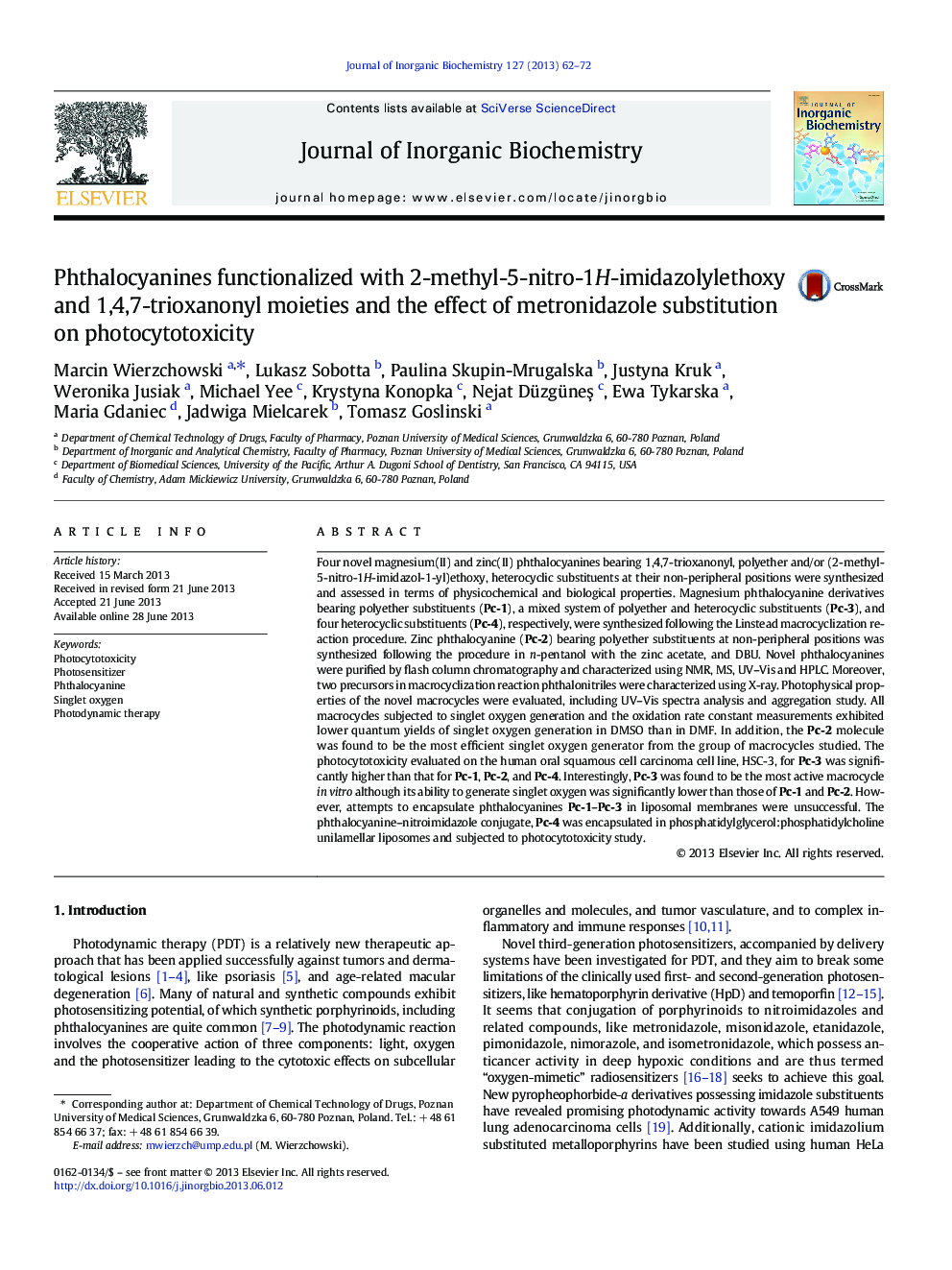 Phthalocyanines functionalized with 2-methyl-5-nitro-1H-imidazolylethoxy and 1,4,7-trioxanonyl moieties and the effect of metronidazole substitution on photocytotoxicity