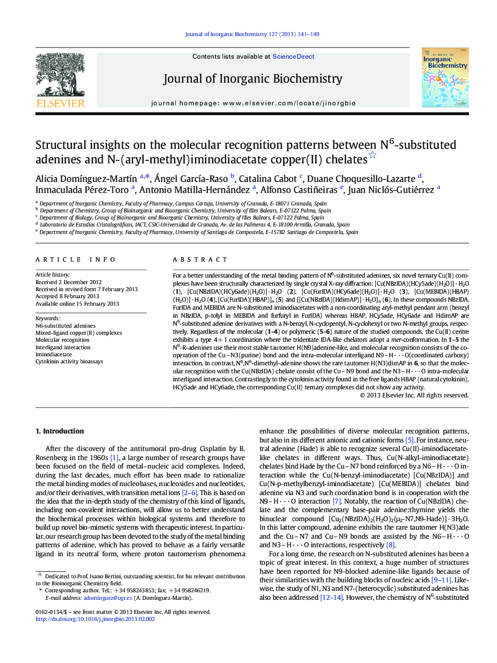 Structural insights on the molecular recognition patterns between N6-substituted adenines and N-(aryl-methyl)iminodiacetate copper(II) chelates