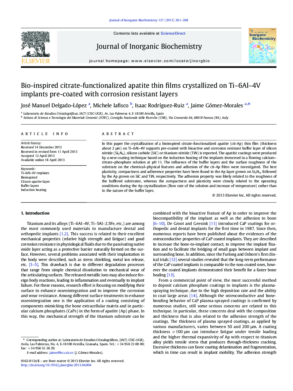 Bio-inspired citrate-functionalized apatite thin films crystallized on Ti-6Al-4V implants pre-coated with corrosion resistant layers