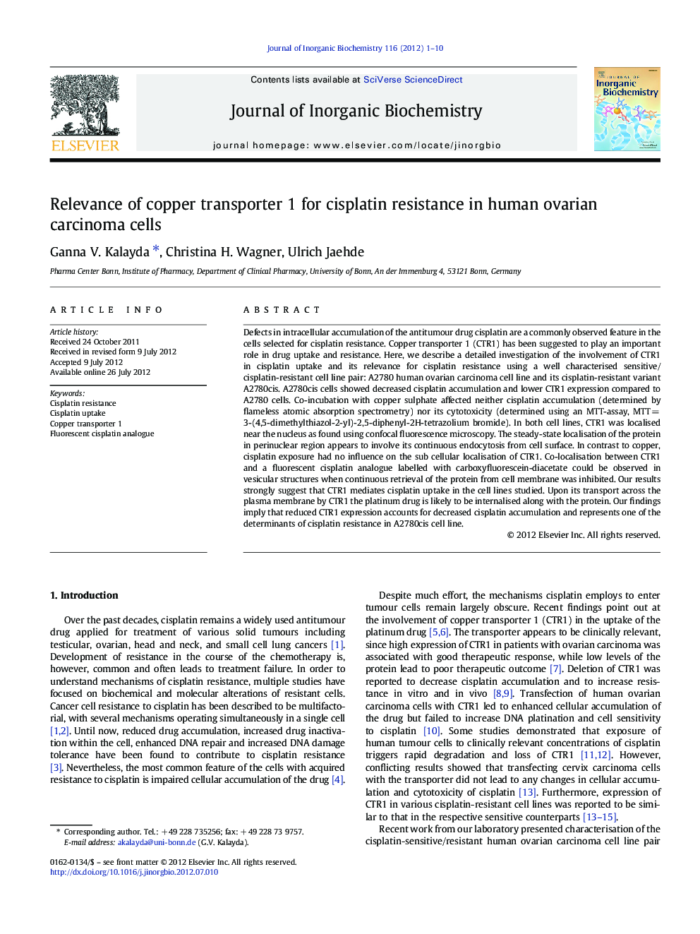 Relevance of copper transporter 1 for cisplatin resistance in human ovarian carcinoma cells