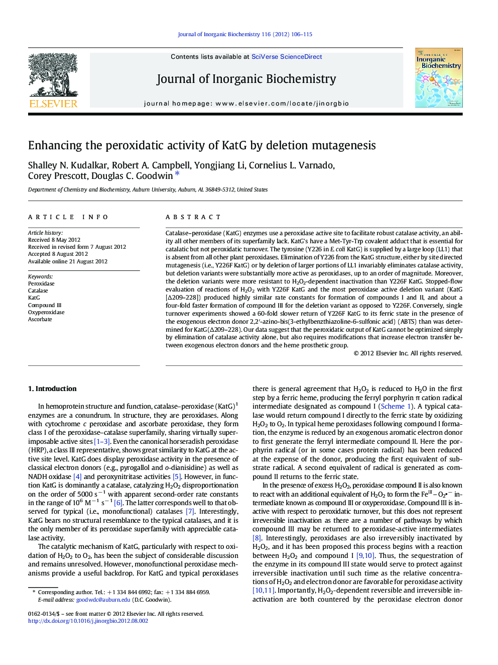 Enhancing the peroxidatic activity of KatG by deletion mutagenesis