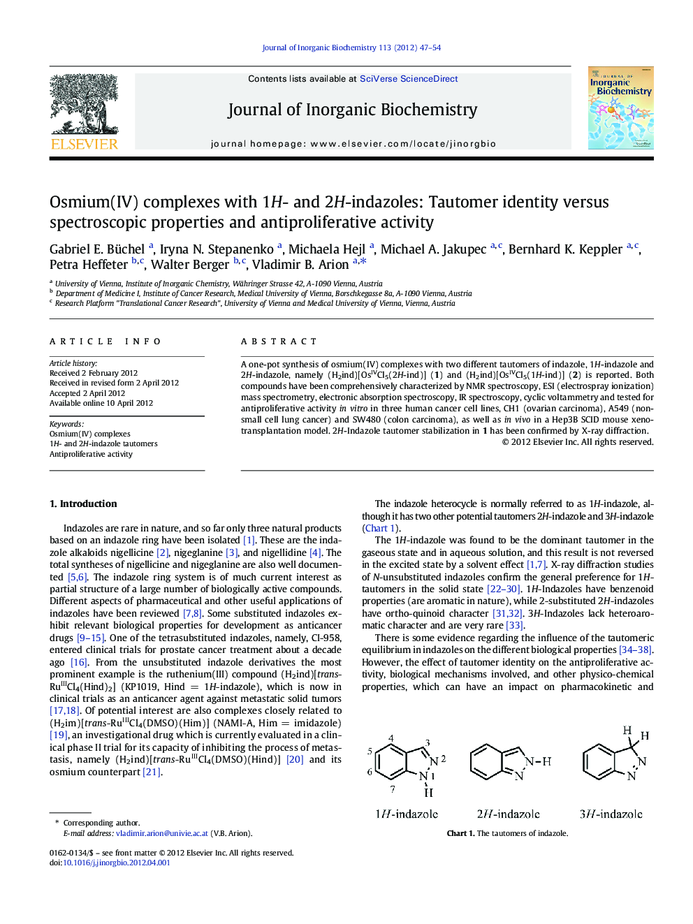 عکس صفحه اول مقاله: Osmium(IV) complexes with 1H- and 2H-indazoles: Tautomer identity versus spectroscopic properties and antiproliferative activity Osmium(IV) complexes with 1H- and 2H-indazoles: Tautomer identity versus spectroscopic properties and antiproliferative activity