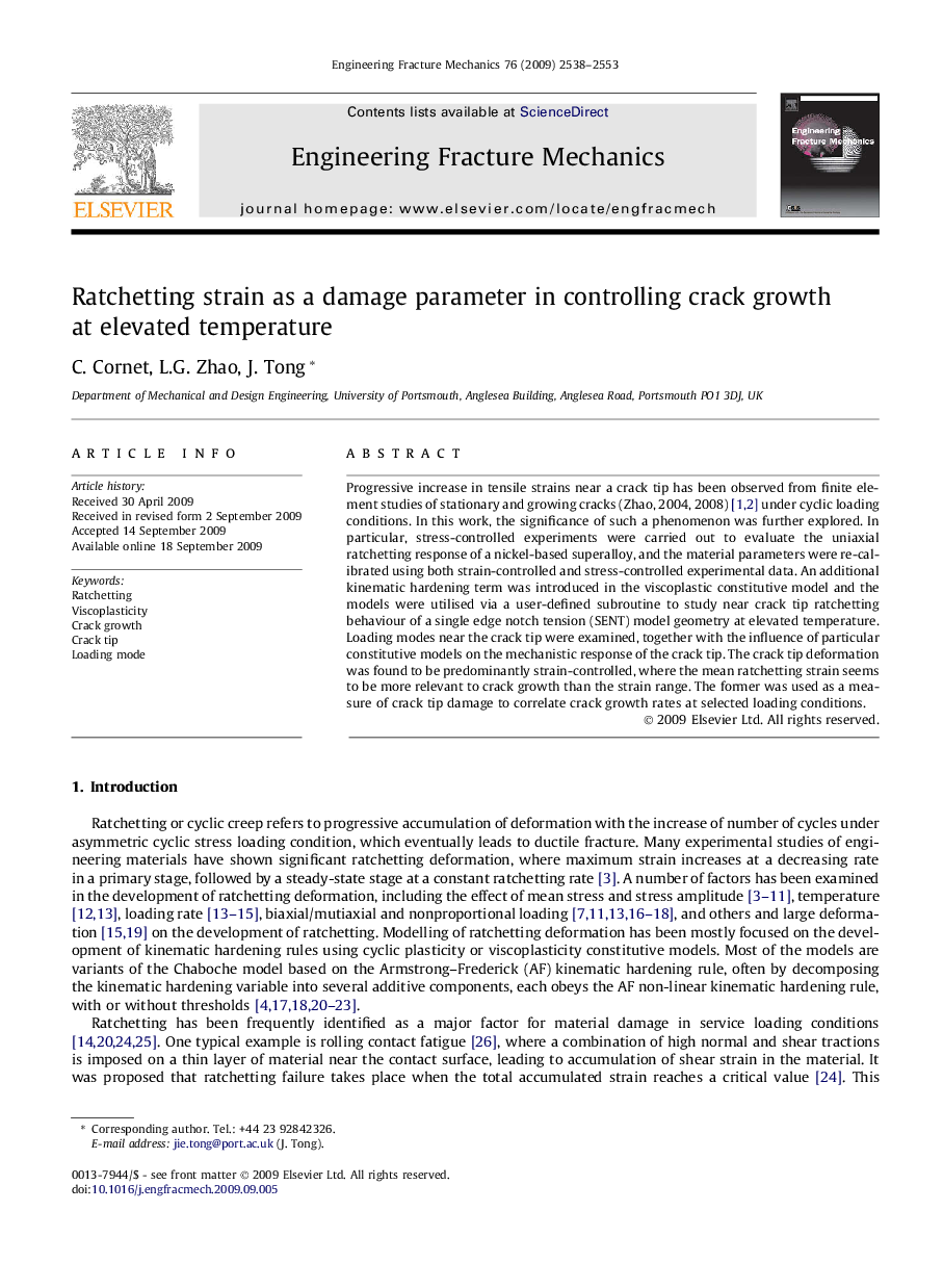 Ratchetting strain as a damage parameter in controlling crack growth at elevated temperature