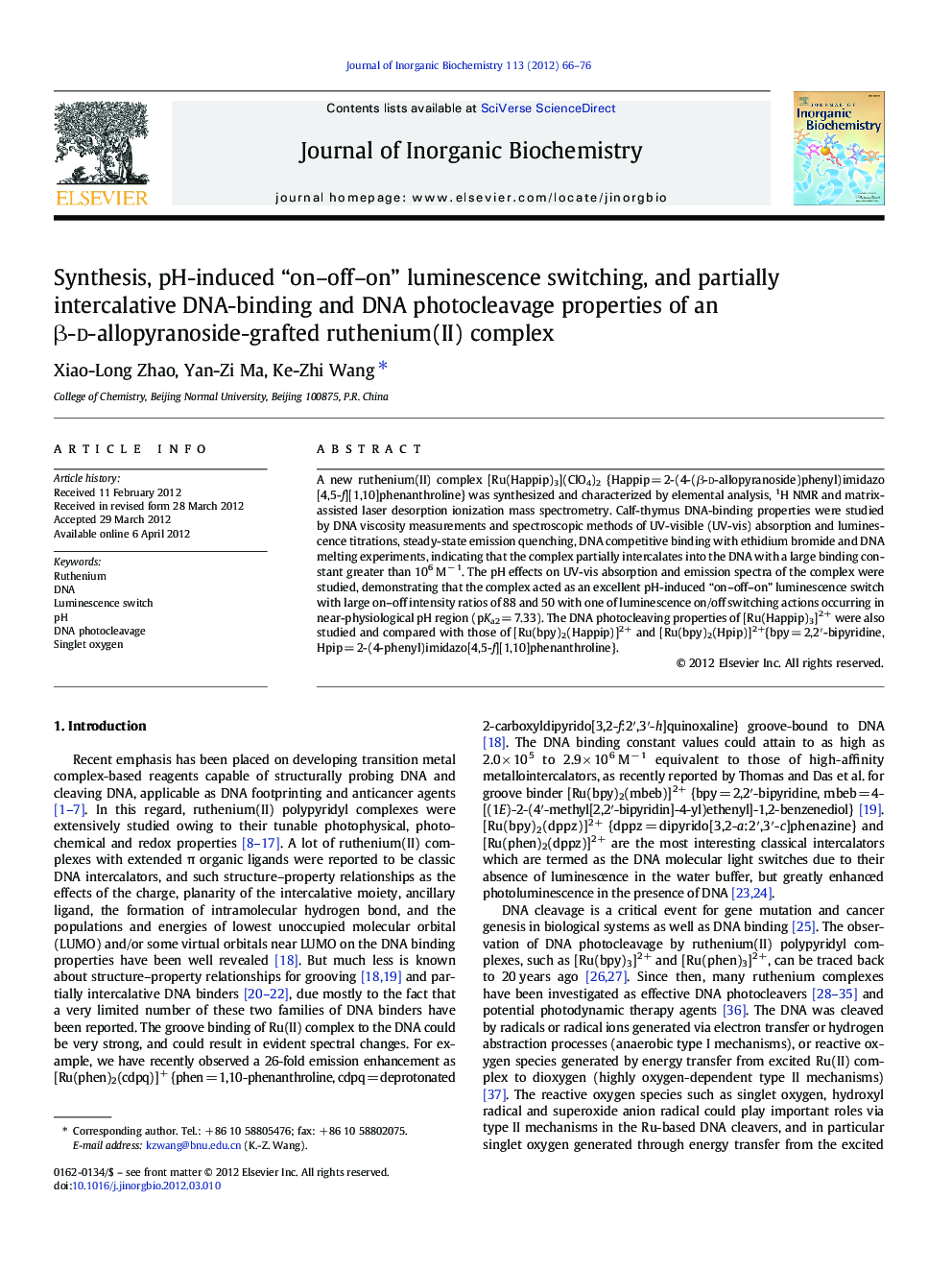 Synthesis, pH-induced “on-off-on” luminescence switching, and partially intercalative DNA-binding and DNA photocleavage properties of an Î²-d-allopyranoside-grafted ruthenium(II) complex