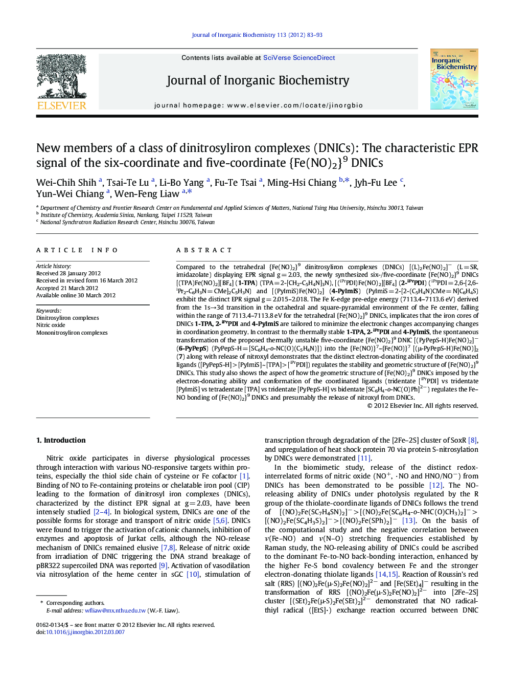 New members of a class of dinitrosyliron complexes (DNICs): The characteristic EPR signal of the six-coordinate and five-coordinate {Fe(NO)2}9 DNICs