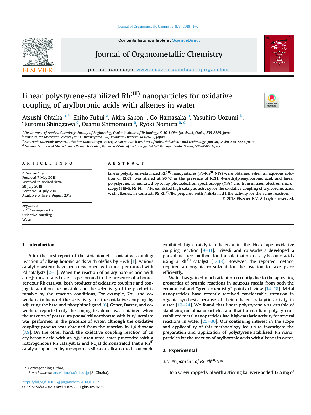 عکس صفحه اول مقاله: Linear polystyrene-stabilized Rh(III) nanoparticles for oxidative coupling of arylboronic acids with alkenes in water Linear polystyrene-stabilized Rh(III) nanoparticles for oxidative coupling of arylboronic acids with alkenes in water