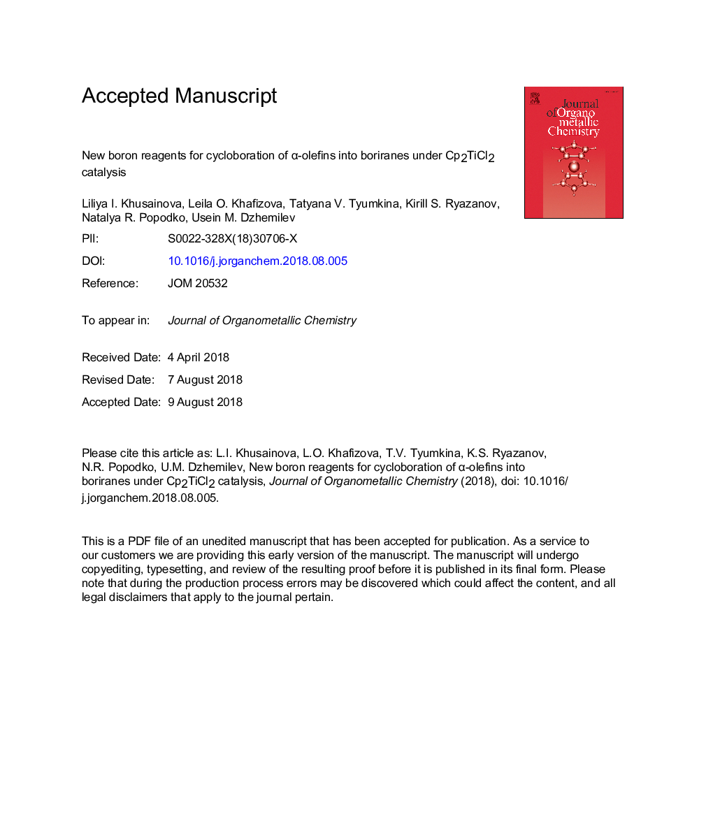 New boron reagents for cycloboration of Î±-olefins into boriranes under Cp2TiCl2 catalysis