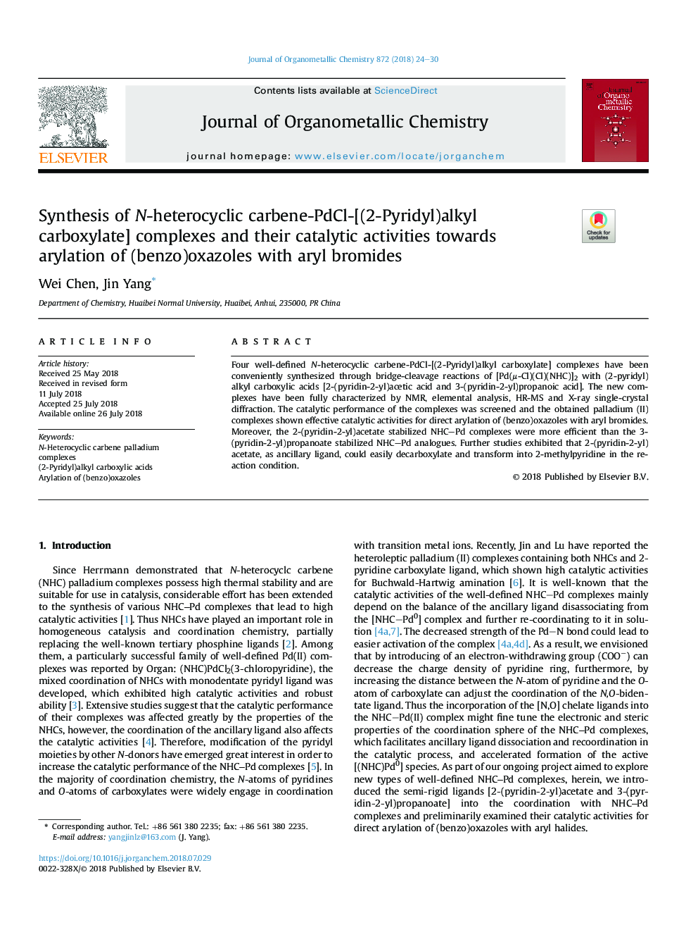 Synthesis of N-heterocyclic carbene-PdCl-[(2-Pyridyl)alkyl carboxylate] complexes and their catalytic activities towards arylationÂ of (benzo)oxazoles with aryl bromides