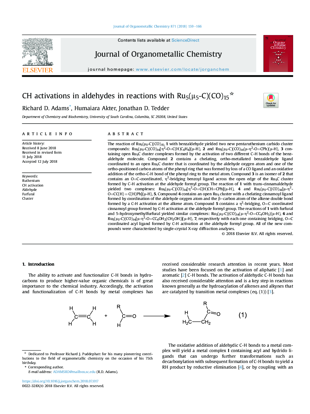 CH activations in aldehydes in reactions with Ru5(Î¼5-C)(CO)15