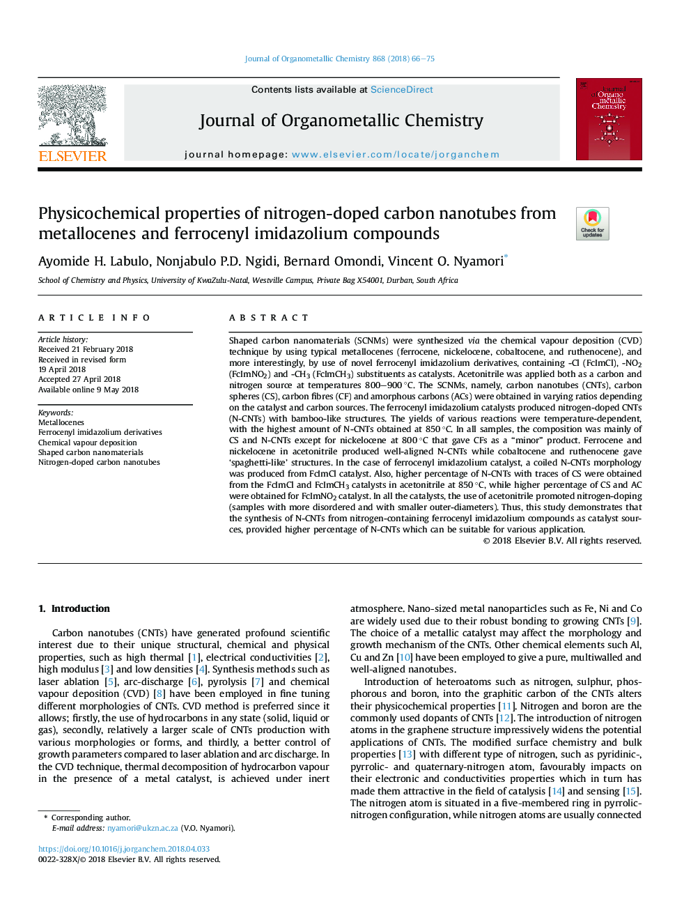 Physicochemical properties of nitrogen-doped carbon nanotubes from metallocenes and ferrocenyl imidazolium compounds