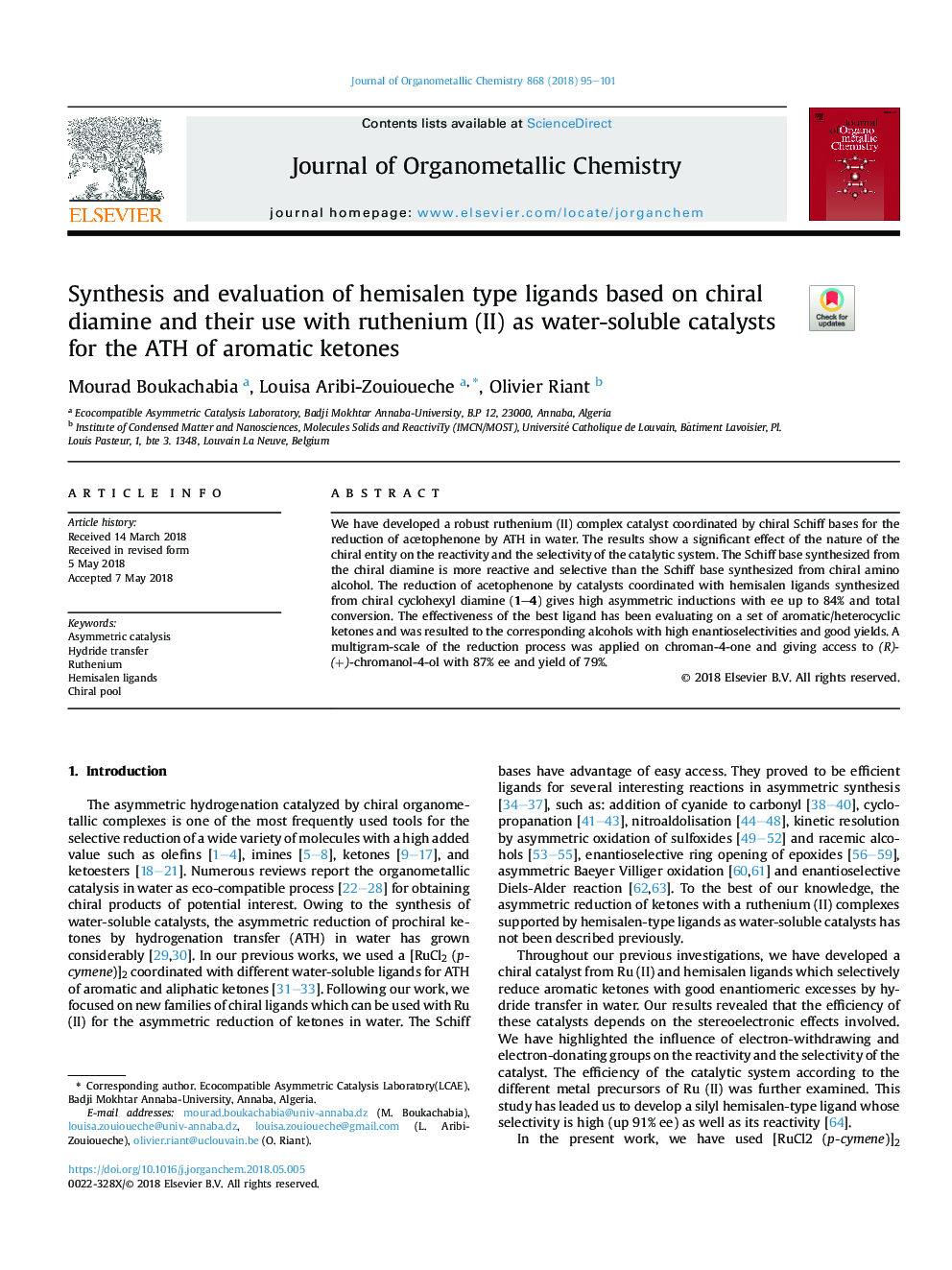 Synthesis and evaluation of hemisalen type ligands based on chiral diamine and their use with ruthenium (II) as water-soluble catalysts for the ATH of aromatic ketones