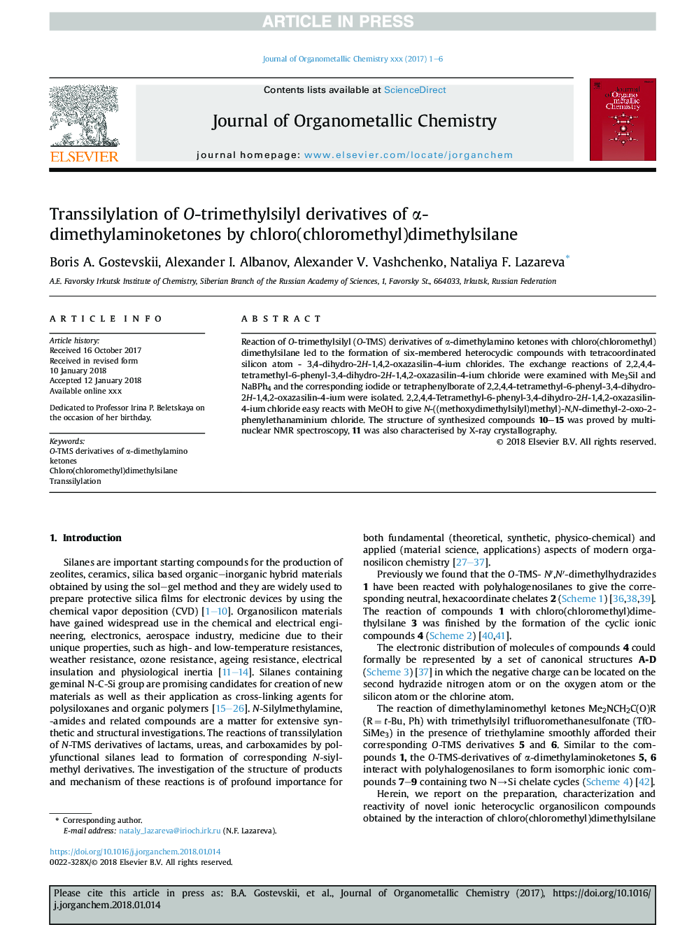 Transsilylation of O-trimethylsilyl derivatives of Î±-dimethylaminoketones by chloro(chloromethyl)dimethylsilane