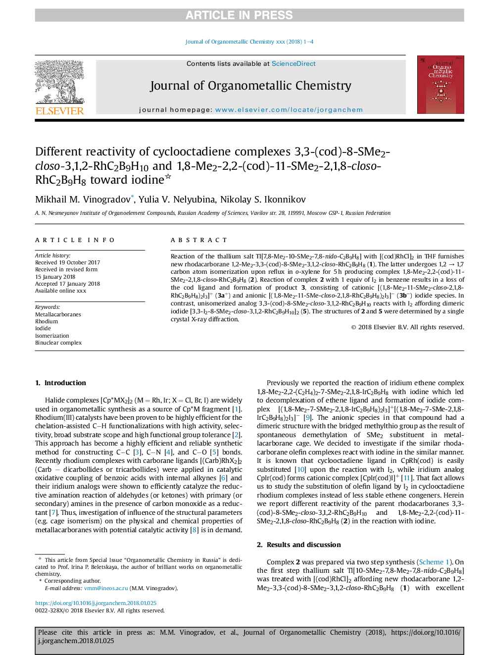 Different reactivity of cyclooctadiene complexes 3,3-(cod)-8-SMe2-closo-3,1,2-RhC2B9H10 and 1,8-Me2-2,2-(cod)-11-SMe2-2,1,8-closo-RhC2B9H8 toward iodine