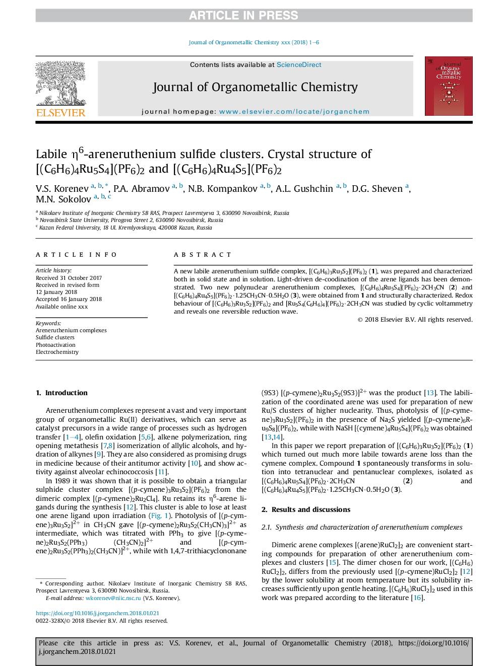 Labile Î·6-areneruthenium sulfide clusters. Crystal structure of [(C6H6)4Ru5S4](PF6)2 and [(C6H6)4Ru4S5](PF6)2