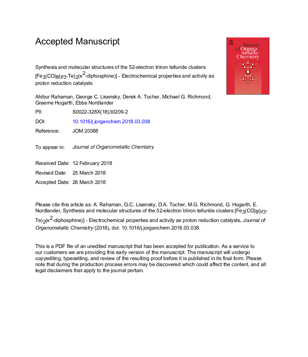 Synthesis and molecular structures of the 52-electron triiron telluride clusters [Fe3(CO)8(Î¼3-Te)2(Îº2-diphosphine)] - Electrochemical properties and activity as proton reduction catalysts