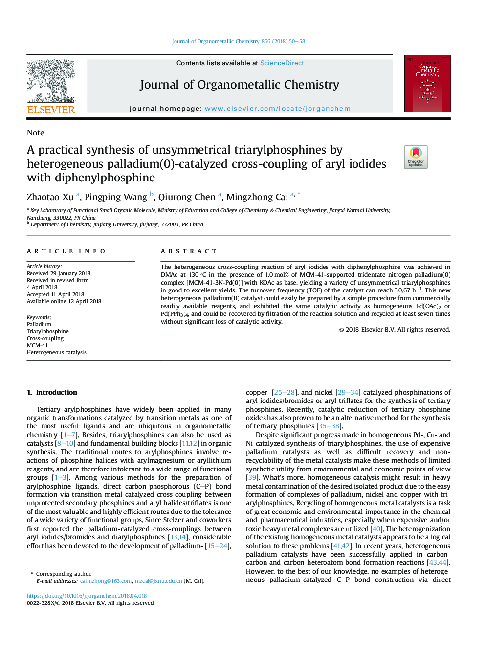 A practical synthesis of unsymmetrical triarylphosphines by heterogeneous palladium(0)-catalyzed cross-coupling of aryl iodides with diphenylphosphine