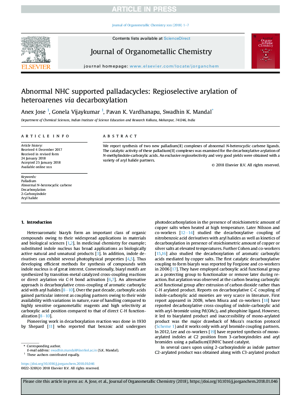 Abnormal NHC supported palladacycles: Regioselective arylation of heteroarenes via decarboxylation