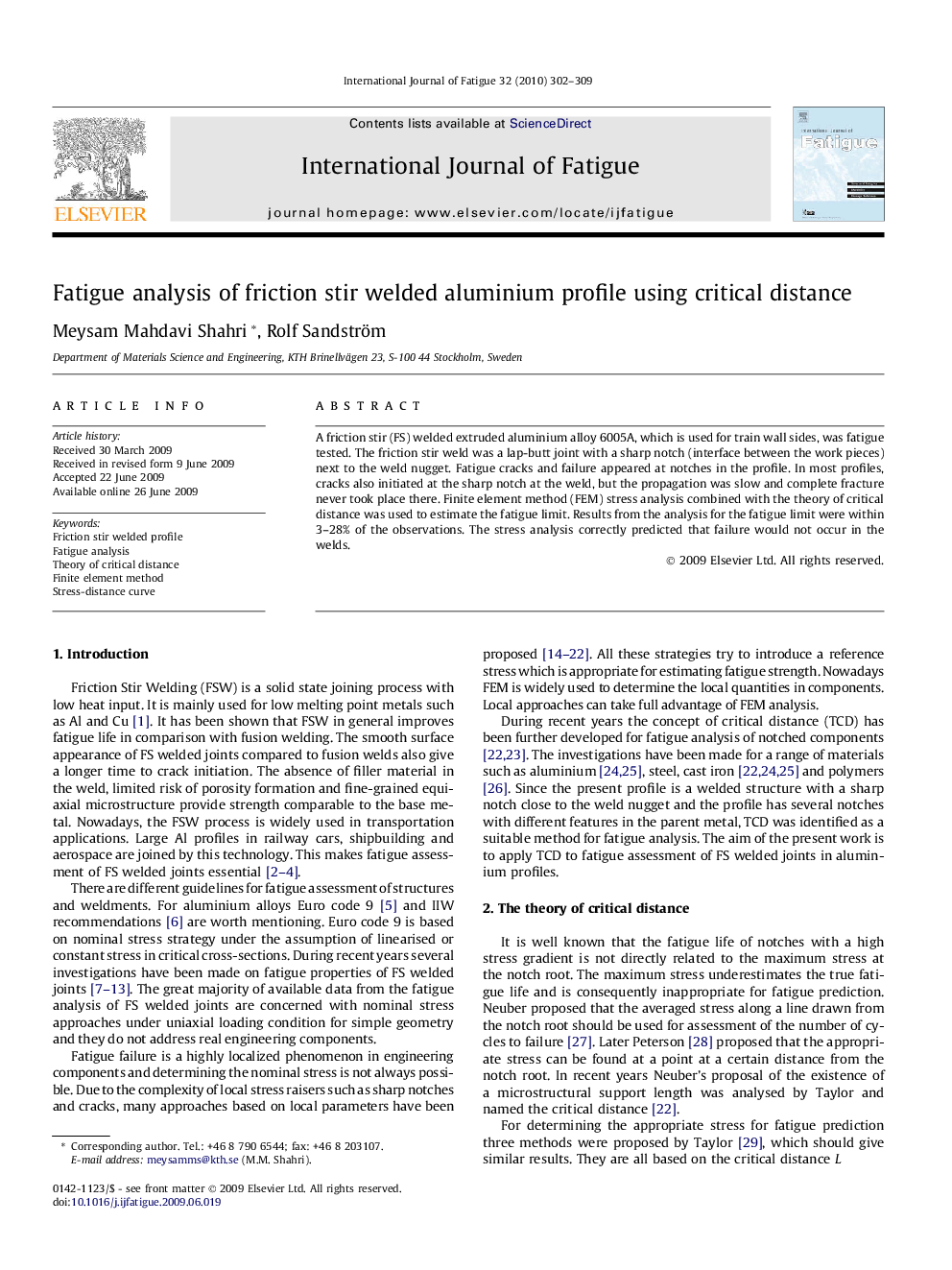 Fatigue analysis of friction stir welded aluminium profile using critical distance