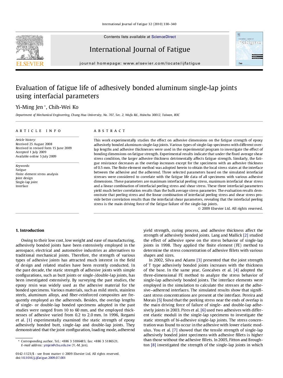 Evaluation of fatigue life of adhesively bonded aluminum single-lap joints using interfacial parameters