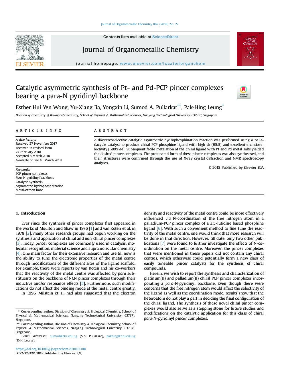 Catalytic asymmetric synthesis of Pt- and Pd-PCP pincer complexes bearing a para-N pyridinyl backbone