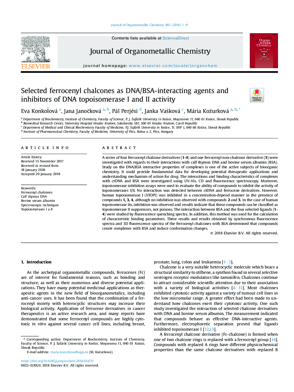 Selected ferrocenyl chalcones as DNA/BSA-interacting agents and inhibitors of DNA topoisomerase I and II activity