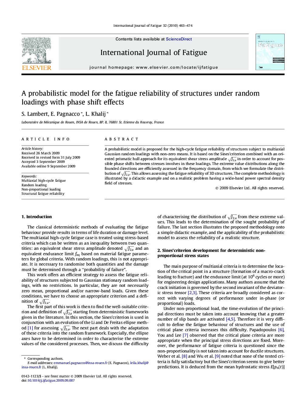 A probabilistic model for the fatigue reliability of structures under random loadings with phase shift effects