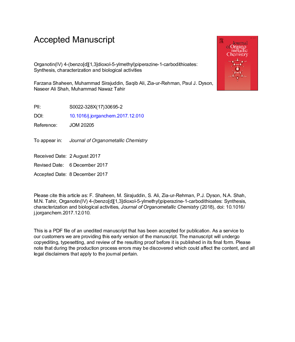 Organotin(IV) 4-(benzo[d][1,3]dioxol-5-ylmethyl)piperazine-1-carbodithioates: Synthesis, characterization and biological activities