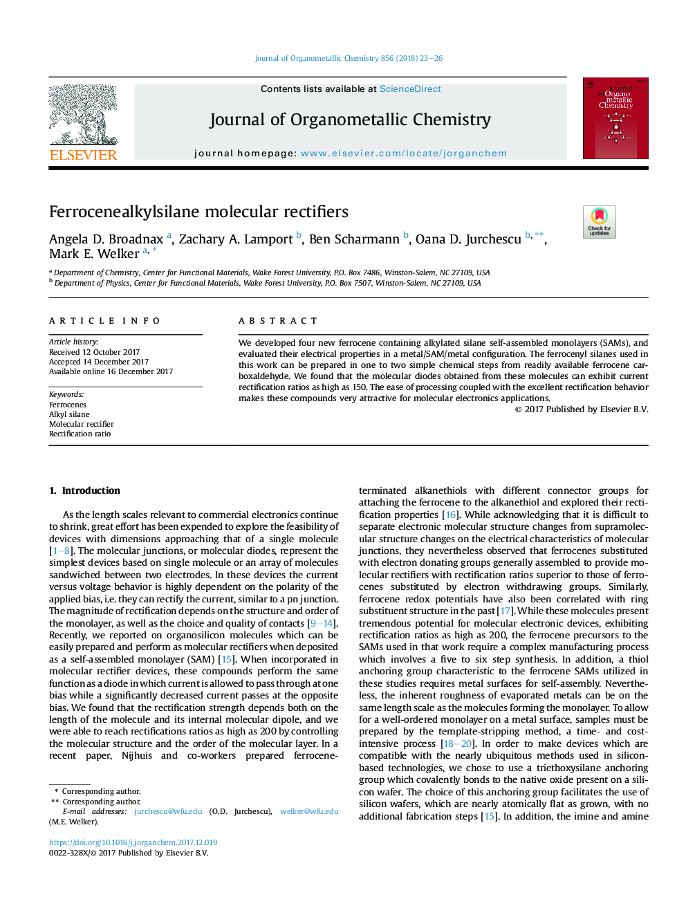 Ferrocenealkylsilane molecular rectifiers