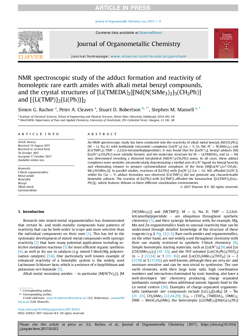 NMR spectroscopic study of the adduct formation and reactivity of homoleptic rare earth amides with alkali metal benzyl compounds, and the crystal structures of [Li(TMEDA)2][Nd{N(SiMe3)2}3(CH2Ph)] and [{Li(TMP)}2{Li(Ph)}]2