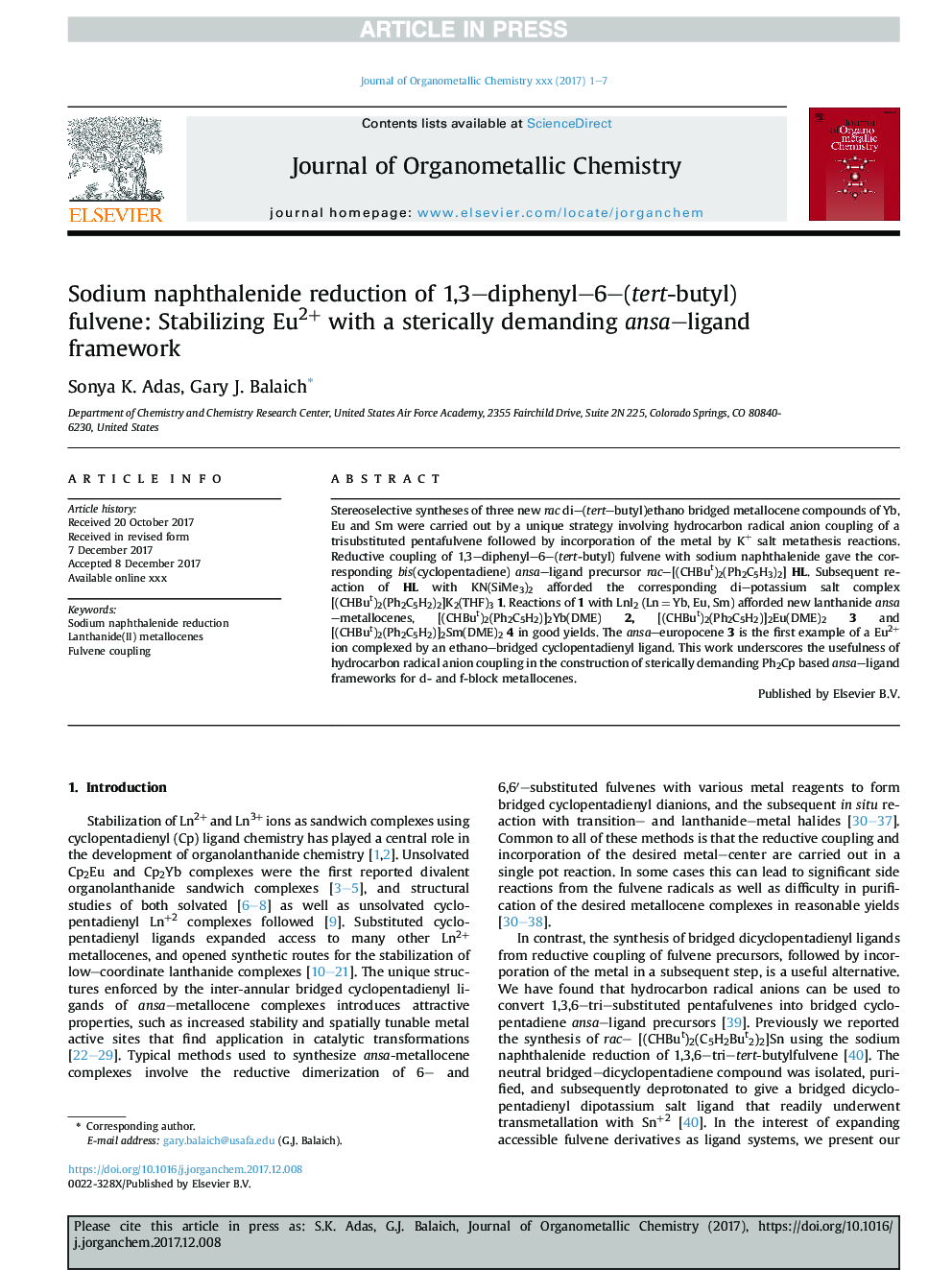 Sodium naphthalenide reduction of 1,3-diphenyl-6-(tert-butyl) fulvene: Stabilizing Eu2+ with a sterically demanding ansa-ligand framework