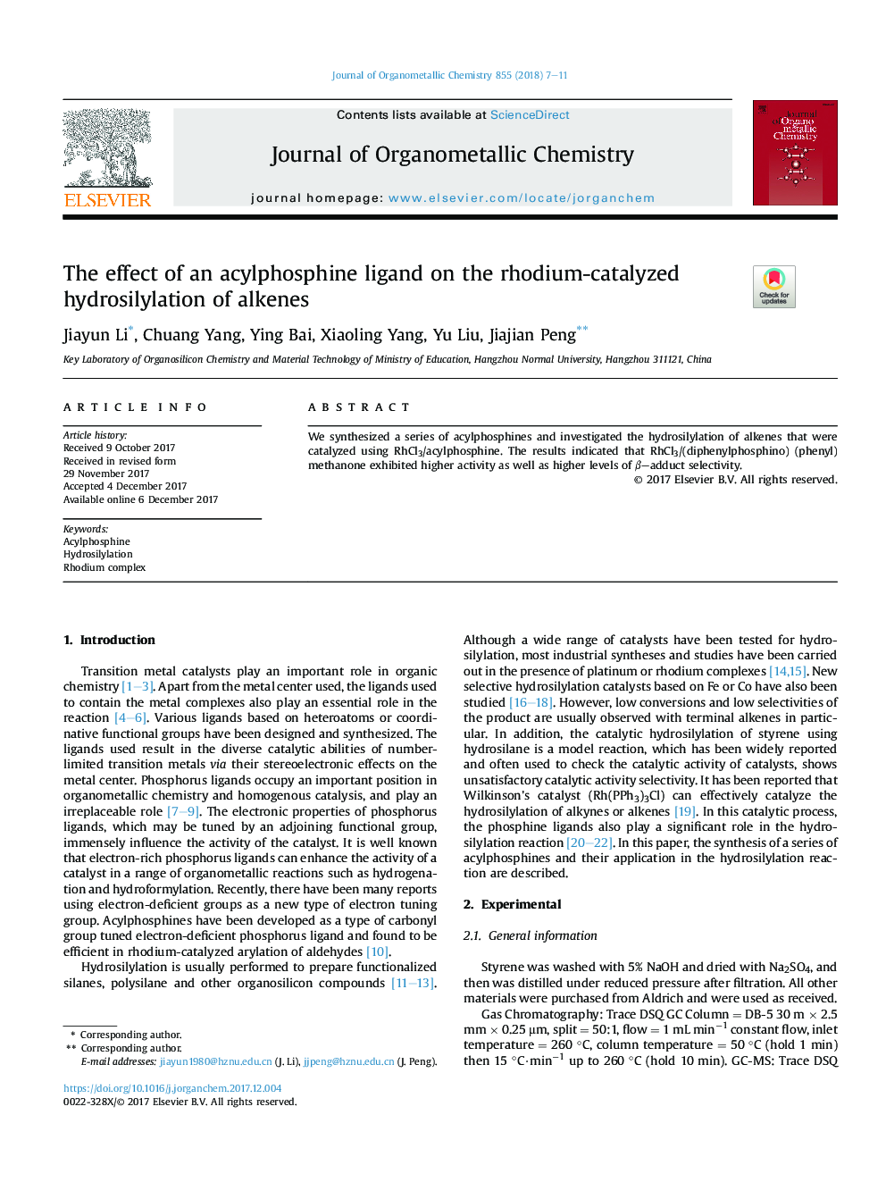 The effect of an acylphosphine ligand on the rhodium-catalyzed hydrosilylation of alkenes