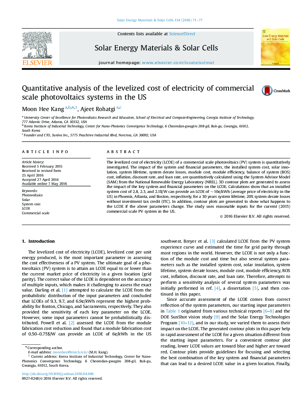 Quantitative analysis of the levelized cost of electricity of commercial scale photovoltaics systems in the US