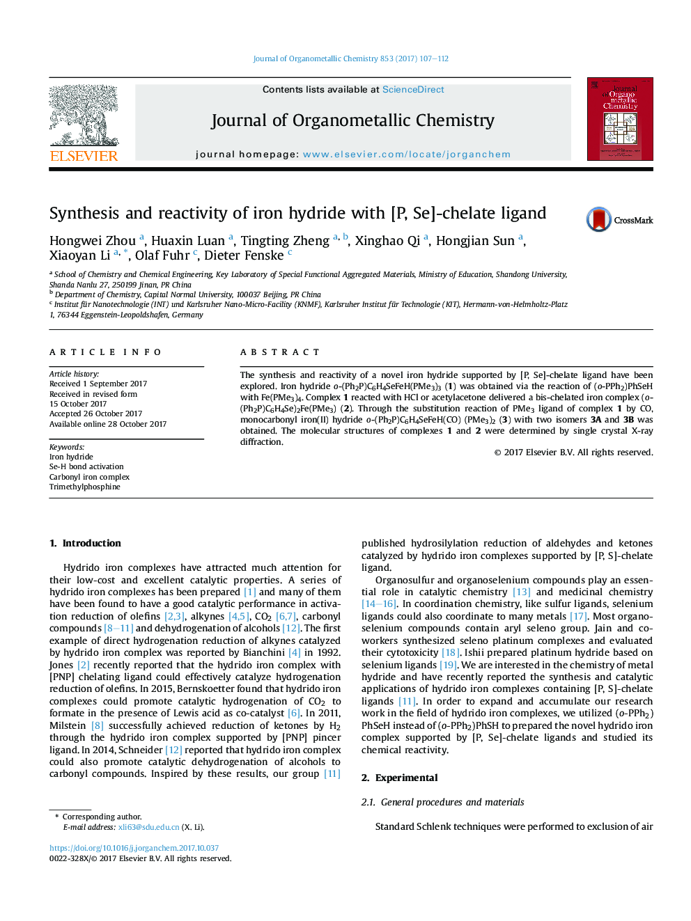 Synthesis and reactivity of iron hydride with [P, Se]-chelate ligand