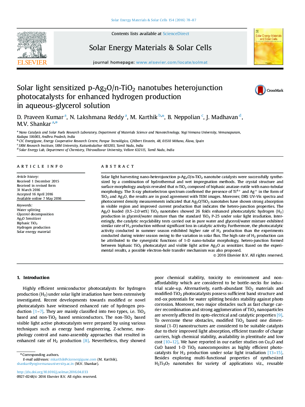 Solar light sensitized p-Ag2O/n-TiO2 nanotubes heterojunction photocatalysts for enhanced hydrogen production in aqueous-glycerol solution