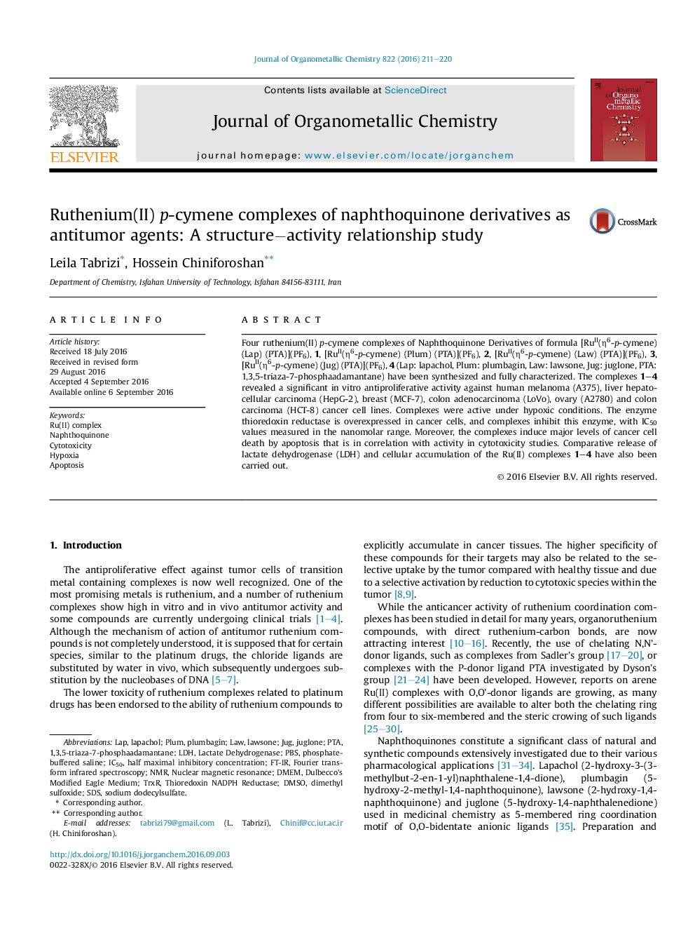 عکس صفحه اول مقاله: Ruthenium(II) p-cymene complexes of naphthoquinone derivatives as antitumor agents: A structureâactivity relationship study Ruthenium(II) p-cymene complexes of naphthoquinone derivatives as antitumor agents: A structureâactivity relationship study