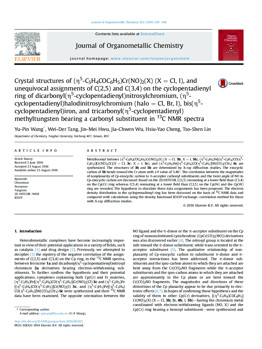 Crystal structures of (Î·5-C5H4COC6H5)Cr(NO)2(X) (XÂ = Cl, I), and unequivocal assignments of C(2,5) and C(3,4) on the cyclopentadienyl ring of dicarbonyl(Î·5-cyclopentadienyl)nitrosylchromium, (Î·5-cyclopentadienyl)halodinitrosylchromium (haloÂ = Cl, Br,