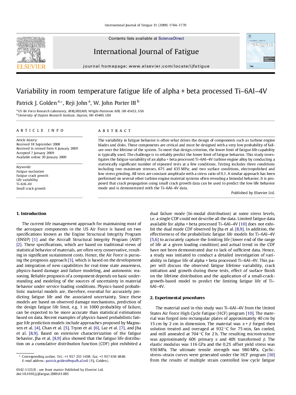 Variability in room temperature fatigue life of alpha + beta processed Ti–6Al–4V