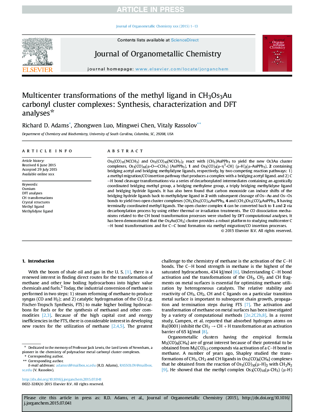 Multicenter transformations of the methyl ligand in CH3Os3Au carbonyl cluster complexes: Synthesis, characterization and DFT analyses