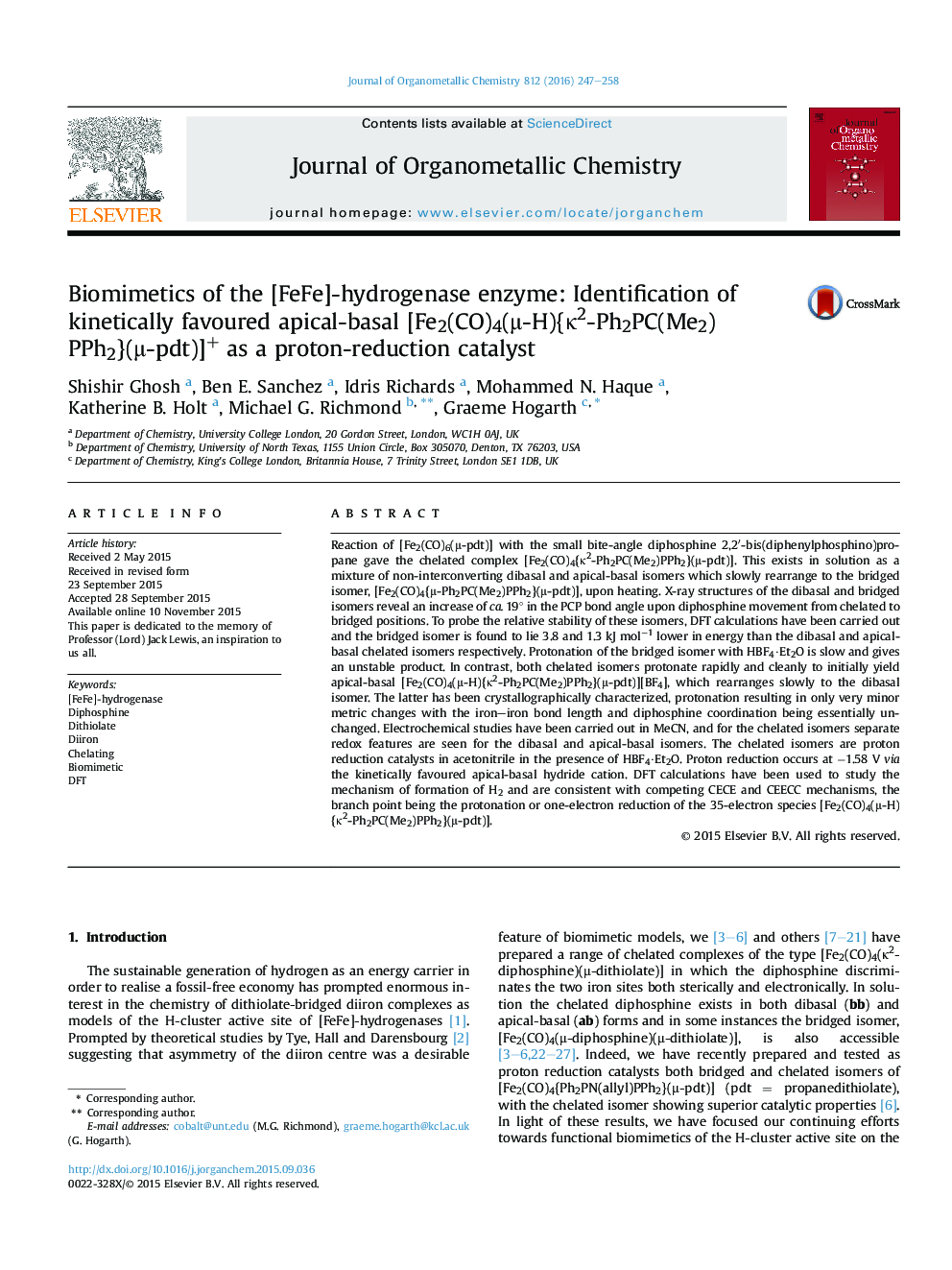 Biomimetics of the [FeFe]-hydrogenase enzyme: Identification of kinetically favoured apical-basal [Fe2(CO)4(Î¼-H){Îº2-Ph2PC(Me2)PPh2}(Î¼-pdt)]+ as a proton-reduction catalyst